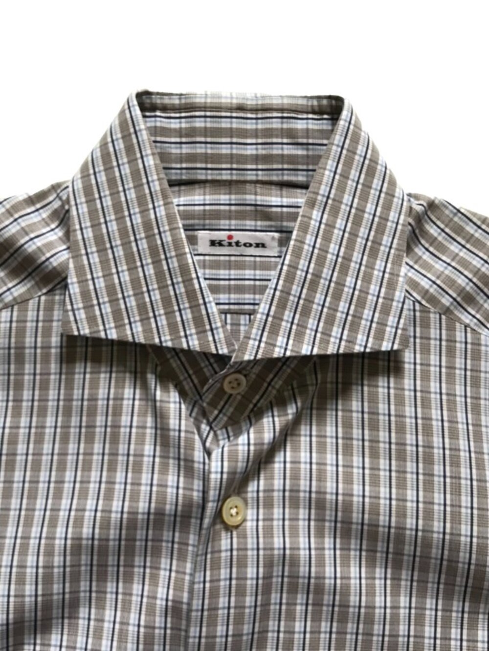 KITON Button Down Sport Shirt Mens 40 16 Brown Blue Check Cotton Long Sleeve